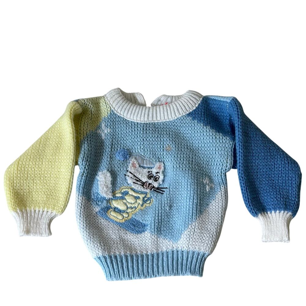 Vintage knit sweater embroidered skiing cat 70s 80s ski baby 3 / 6 months retro